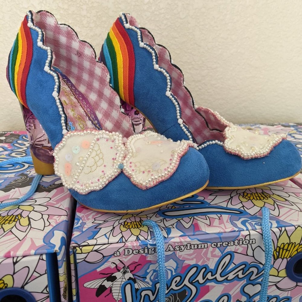 Iconic By Irregular Choice - Shirley Bass Blue Shoes with Rainbow Heels